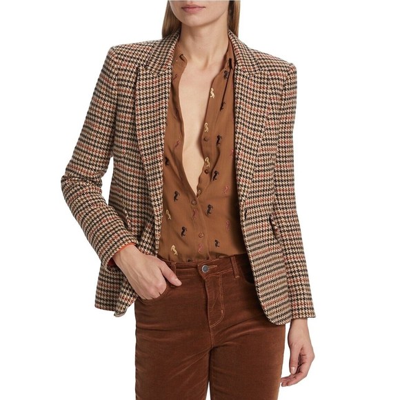 L’AGENCE Chamberlain Blazer In Tan Burgundy Houndstooth Size 4 - Picture 7 of 16
